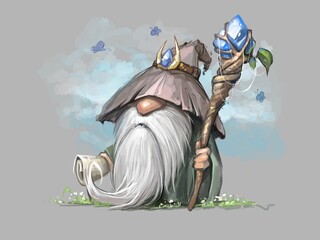 Little funny wizard. Digital painting illustration.