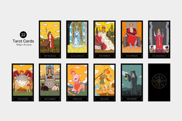 Set of  22 Major arcana of the tarot, Vintage style mysterious characters