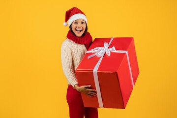 lady in Xmas attire with big gift in hands, studio