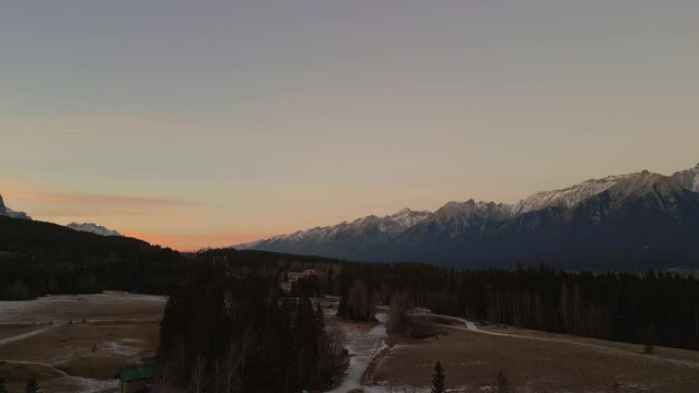 Drone footage of sunset in Canmore Alberta, Canada 