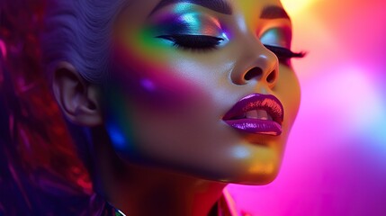 portrait of young beautiful woman with multi colored dye stylish makeup, pretty model female with multicoloured paint make up