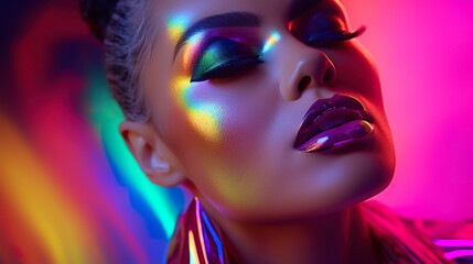 portrait of young beautiful woman with multi colored dye stylish makeup, pretty model female with multicoloured paint make up