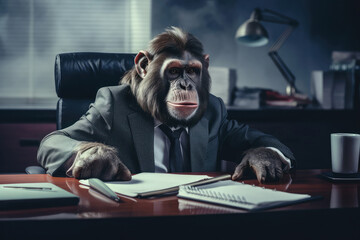 A monkey in a businessman's suit is sitting at a desk in the office