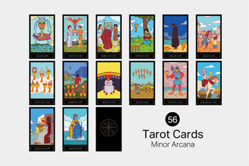 Set of  56 Minor arcana of the tarot, Vintage style mysterious characters