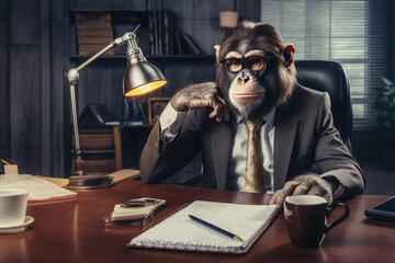 A monkey in a businessman's suit is sitting at a desk in the office