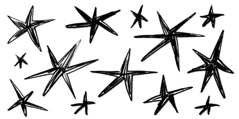 Grunge charcoal scrawl hand drawn stars, rough doodle shapes. Freehand crayon pencil starry elements. Vector illustration, scribble icon for poster, collage, banner.