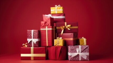 Diverse Christmas Presents Stacked on Red Background, Generative Ai