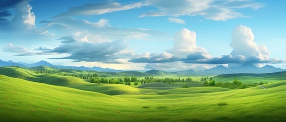 Obraz premium Panorama green field natural scenic, Generative Ai