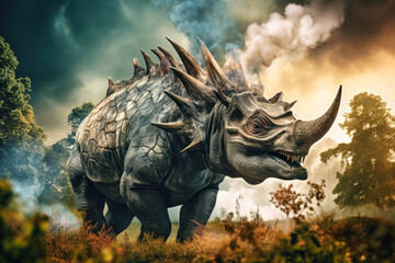 Fototapeta premium A terrible dinosaur Triceratops with an open huge mouth and powerful teeth. Prehistoric monster.