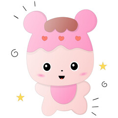 Kawaii pastel pink baby bear with pink body and 3 heart shapes on the head