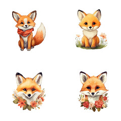 set of cute fox watercolor illustrations, safari jungle animals vector