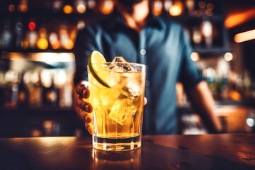 The bartender passes the caoctel across the bar. Alcoholic drink in a bar. Refreshing drink in a pub.