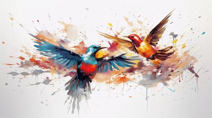 Zwei bunte Vögel im Flug. Eine Aquarell Zeichnung.