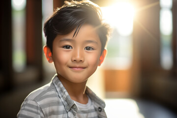 portrait of a boy of asian origin, smiling, cute child, indoors, in a house, bright sunny day, blurred background, happy, upbeat, intense look, positive, chinese, vietnamese, japanese - obrazy, fototapety, plakaty