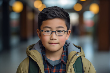 portrait of a boy of asian origin, cute child looking to the camera, smiling, coming home from school with a schoolbag on his back, wearing glasses, good student, top of the class, coat and shirt - obrazy, fototapety, plakaty