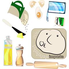 Pizza and dough ingredients. Butter, flour, dough, spices. Cooking a dish. Healthy eating. Vector drawing. Infographics. A set of elements for the test.