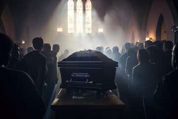 Concept conceptual image of a funeral or burial at cemetery. A group of unknowns people looking at a casket in a dark room with lights and smoke. Selective focus - obrazy, fototapety, plakaty