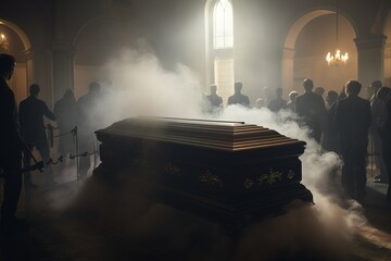 Concept conceptual image of a funeral or burial at cemetery. A group of unknowns people looking at a casket in a dark room with lights and smoke. Selective focus