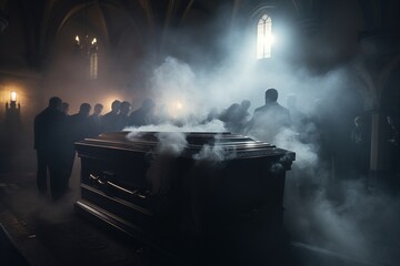 Concept conceptual image of a funeral or burial at cemetery. A group of unknowns people looking at a casket in a dark room with lights and smoke. Selective focus - obrazy, fototapety, plakaty