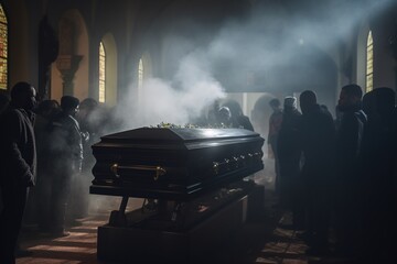 Obraz premium Concept conceptual image of a funeral or burial at cemetery. A group of unknowns people looking at a casket in a dark room with lights and smoke. Selective focus