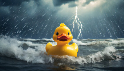 Yellow rubber duck in wild sea staying positive in a bad environment - Animal toy being symbolic for staying strong and brave under badest conditions - obrazy, fototapety, plakaty