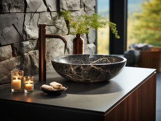 Stylish black marble vessel sink and chrome faucet. Interior design of modern bathroom