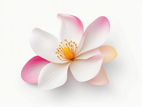 Single White Flower With Pink and Yellow on a White Background