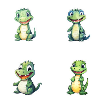 set of cute crocodile watercolor illustrations, safari jungle animals vector