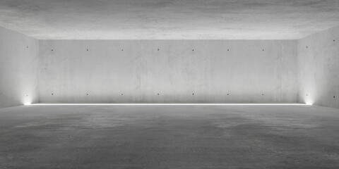 Abstract empty, modern concrete room with horizontal light stripe in the floor at the back wall and rough floor - industrial interior background template