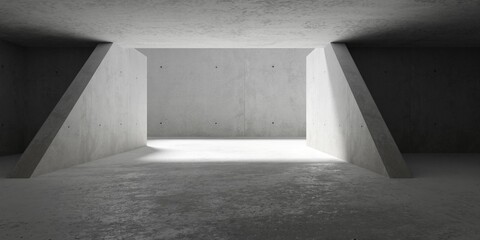 Abstract empty, modern concrete room with dividers, opening to courtyard and rough floor - industrial interior background template