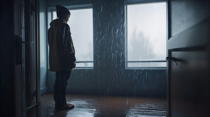 Reflective Rainy Day: A Pensive Young Person Gazing Out a Rain-Streaked WindowAI generativ