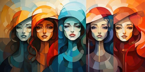 A group of women with different colored hair. Feminist resistance concept illustration.