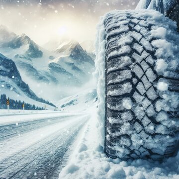 close up different winter tires on a snowy road in the mountains - snow storm
