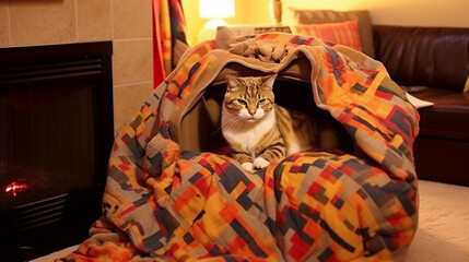 Blanket Fort Bliss: Illustrate a parody cat creating a makeshift blanket fort in a chair, with a mischievous glint in its eyes, next to a crackling fireplace