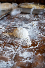 Fototapeta na wymiar Ball of baking dough on floured dark wooden background.