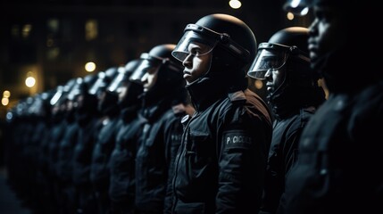 Fototapeta na wymiar the stoic resilience of riot police in a row, facing the scrutiny of protesters