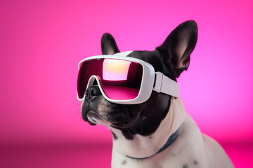 Concept dog in glasses, in bright neon colors