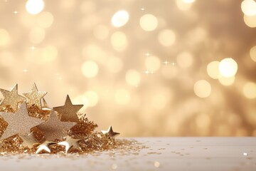 Fototapeta na wymiar Beautiful beige Christmas background with golden, shining decor and empty space. Glitter, stars, bokeh lights. Copy space for your text. Merry Xmas, Happy New Year. Festive backdrop.