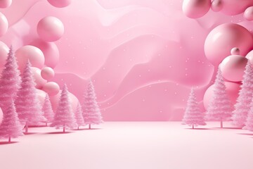 Pink winter landscape with fir trees and floating spheres, perfect for festive or fantasy themes....
