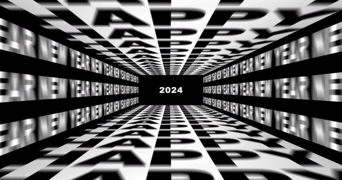 Happy New Year tunnel motion design. Happy New Year 4K resolution kinetic typography loop animation.