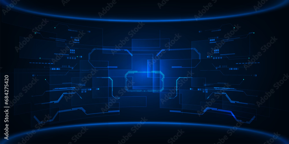 Poster vector illustrations of futuristic glowing blue stage layout for showcase with circuit lines backdro