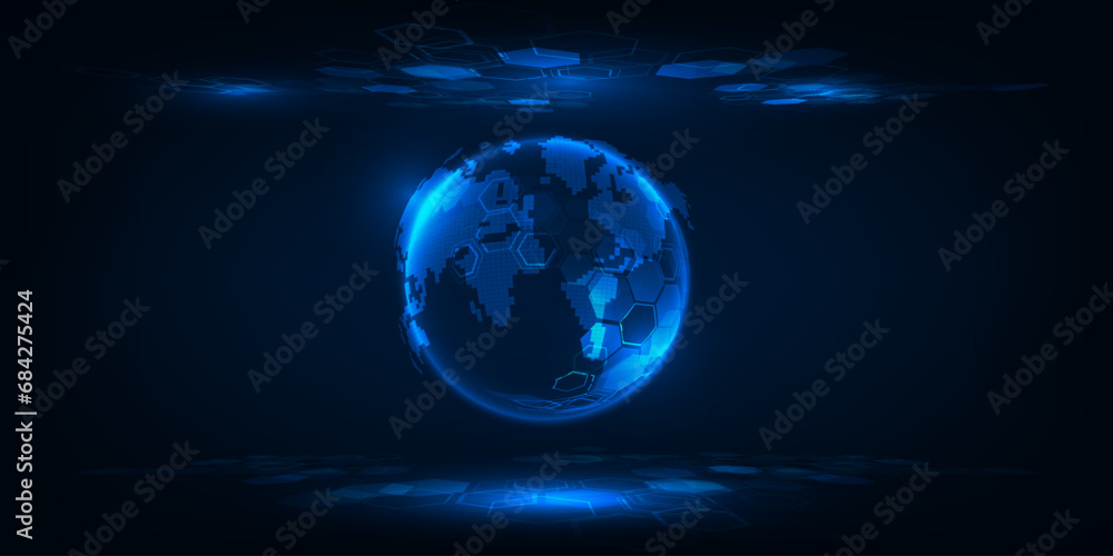 Poster abstract futuristic digital communication technology background with glowing neon blue globe and hex