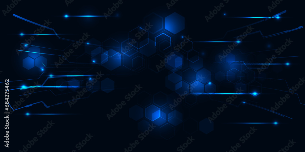 Poster vector illustration futuristic digital technology background with hexagonal network and moving glowi