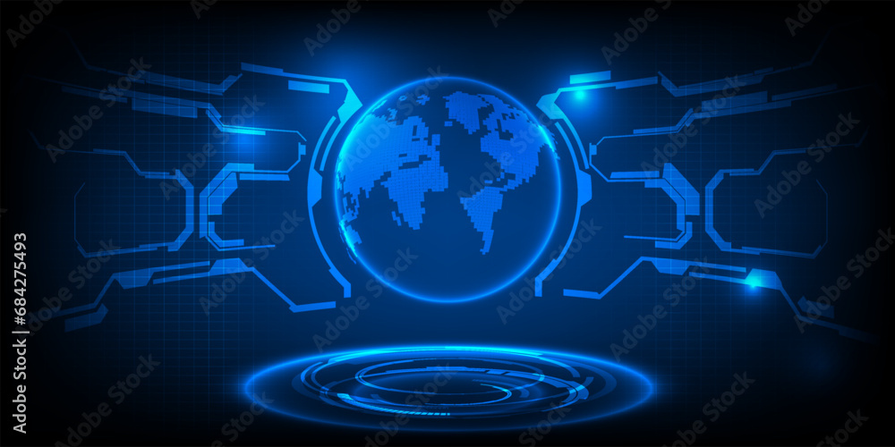 Poster abstract futuristic blue globe on technology background with tech circuit network and glowing round 