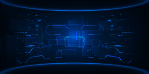 Vector illustrations of futuristic glowing blue stage layout for showcase with circuit lines backdrop and glowing blue neon round stage.