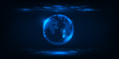 Abstract futuristic digital communication technology background with glowing neon blue globe and hexagonal plane.Digital communication economic and technology concepts.