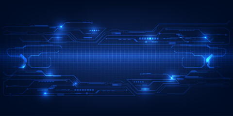 Vector illustration of futuristic digtial technology background.Horizontal digital space with glowing dot pattern and tech circuits network for advertising and game graphic artwork.