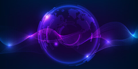 Vector illustration futuristic digital communication technology background with glowing blue and purple globe and wave wireframe.Digital communication economic and technology concepts.
