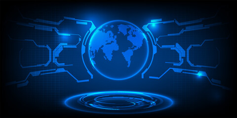 Abstract futuristic blue globe on technology background with tech circuit network and glowing round pedestal podium for showcase and layout.Vector illustration.