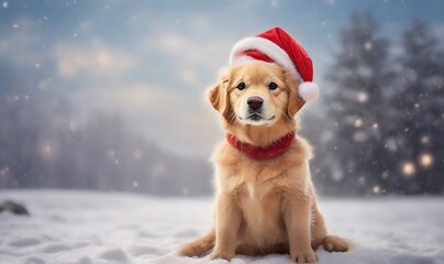 golden retriever dog in snow Christmas red Santa Claus hat in snow falling sky scene. Winter Forest Landscape. Christmas Holidays created with generative ai